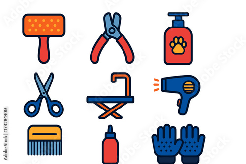 Pet Grooming Icons. Flat vector icons of pet grooming tools: slicker brush, nail clippers, pet shampoo, grooming scissors,
