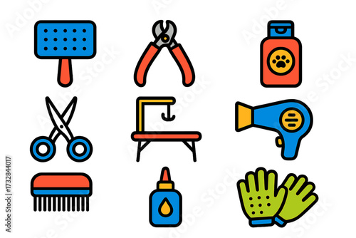 Pet Grooming Icons. Flat vector icons of pet grooming tools: slicker brush, nail clippers, pet shampoo, grooming scissors,