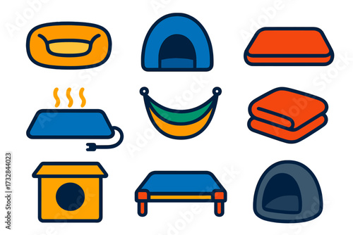 Pet Bedding Icons. Flat vector icons of pet bedding: plush bed, igloo den, mat pad, heated pad, hammock, fleece blanket, nesting