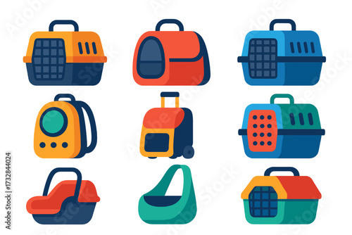 Colorful Pet Carrier Icons. Flat vector icons of pet carriers: hard shell crate, soft carrier bag, airline-approved crate,