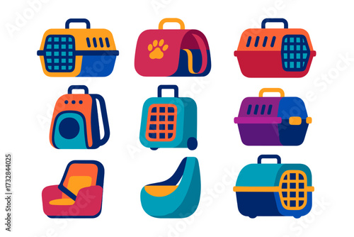 Colorful Pet Carrier Icons. Flat vector icons of pet carriers: hard shell crate, soft carrier bag, airline-approved crate,