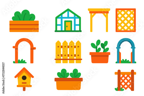 Garden Structure Icons. Flat vector icons of garden structures: raised bed, greenhouse, pergola, trellis, garden arch, fence panel