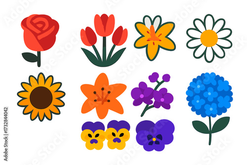 Bright Flower Icons. Flat vector icons of flower varieties: rose bloom, tulip cluster, daisy head, sunflower face, lily petals,