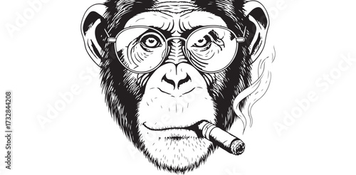 Sophisticated Ape Art Intellectual Chimpanzee Illustration with Glasses and a Cigar Funny Animal Drawing Unique Cool