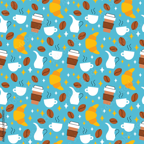 Coffee Beans and Croissant Seamless Pattern. Vector Illustration of Drink Cafeteria Flat Style Background. Espresso Cup, Milk Jar and Stars.