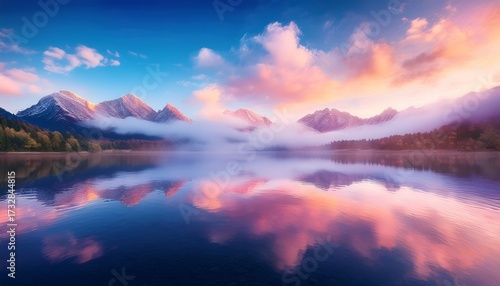 Wallpaper Mural Breathtaking Pastel Colored Mountains Reflected In Calm Water Under A Dreamy Sky Serene Landscape With Mist Clouds And Glowing Peaks In Soft Light Evoking Peace And Natural Beauty Torontodigital.ca