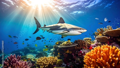 Fototapeta Naklejka Na Ścianę i Meble -  Underwater shark and coral reef