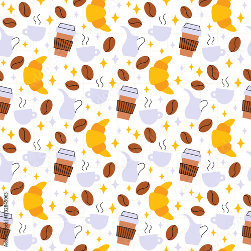 Croissant and Coffee Beans Seamless Pattern. Vector Illustration of Drink Cafeteria Flat Style Background. Espresso Cup, Milk Jar and Stars.