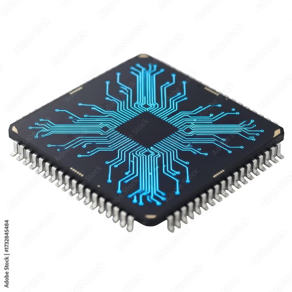 Obraz premium Microchip with blue circuit lines isolated on transparent background
