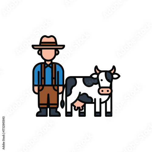 A farmer wearing overalls and a hat stands beside a holstein dairy cow isolated on white background