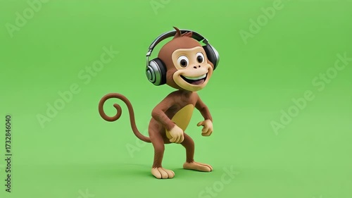 Cartoon monkey with headphones smiles on a green background in a full shot studio render image