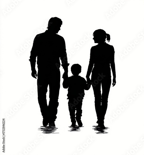 Silhouette of a man, woman, and boy walking hand in hand, expressing family bond, protection, and togetherness.
