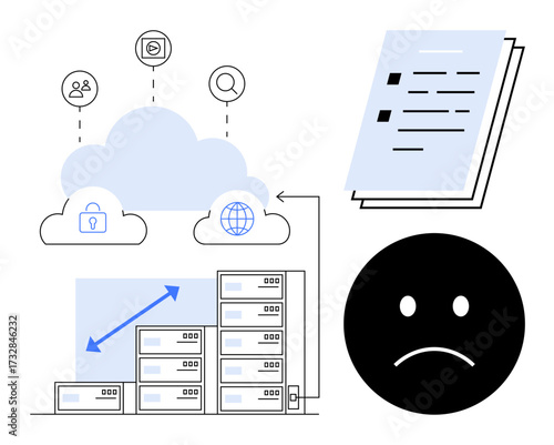Cloud computing linked to security, scalability, connectivity document stack, sad face icon representing system issues. Ideal for technology, data management, cloud storage, IT security, scalability