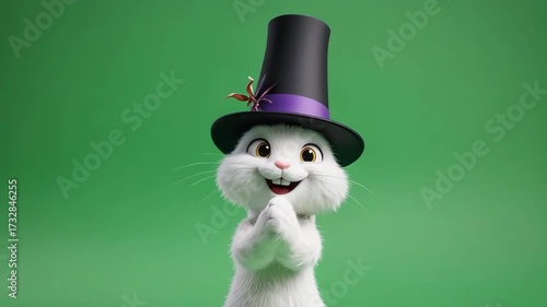 A cheerful white rabbit with a black top hat and purple band against a solid green background smiles