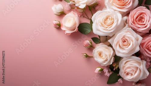 Delicate White And Pink Roses On A Pink Background Creating A Romantic And Elegant Floral Arrangement
