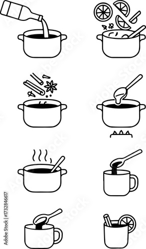 large set of steps for making hot mulled wine with red wine and various spices, for winter hot drinks