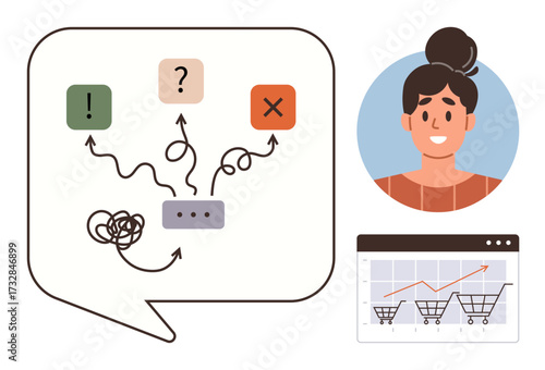 Woman evaluates decisions with a flowchart illustrating confusion and choices. Includes shopping cart analytics graph. Ideal for decision-making, analytics, business, shopping, problem-solving