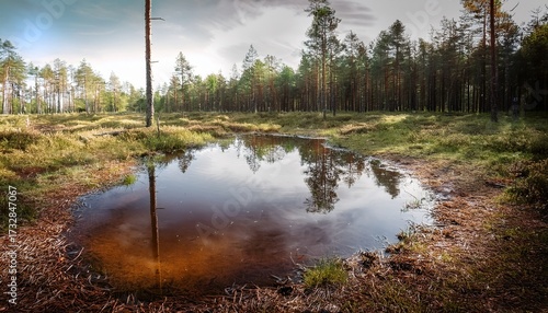 Brown Puddle On The Forest Floor In Finland