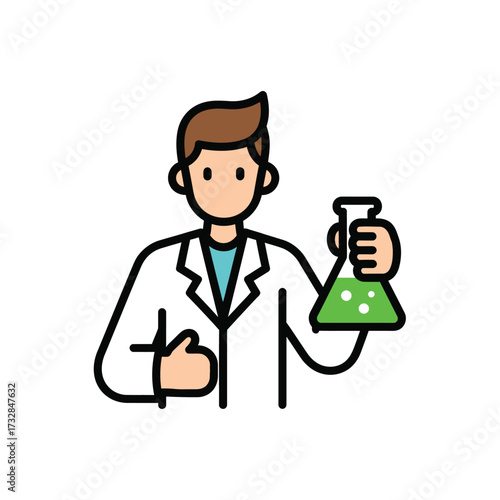 Cartoon scientist in lab coat holding a green liquid filled flask isolated on white background