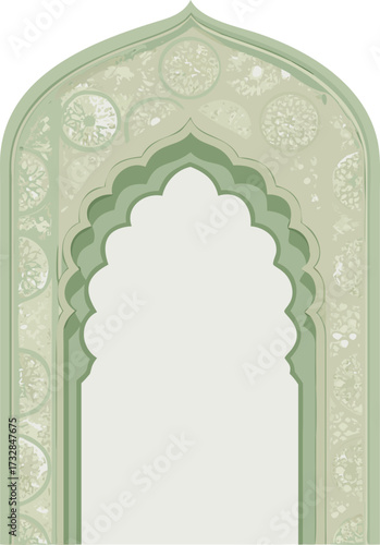 An ornate Arabic arch framed by a rich green background, emphasizing its cultural and artistic significance.