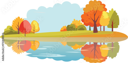 Autumn landscape featuring colorful trees reflecting in a serene body of water under a clear blue sky.