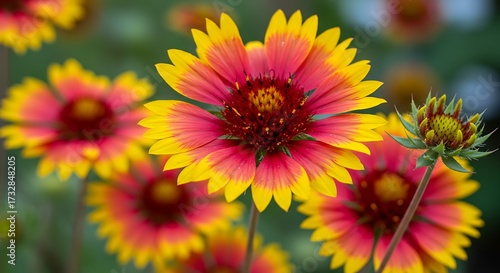 Vibrant red and yellow wildflowers in close up against a blurred background