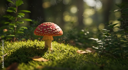 Vibrant red and white spotted mushroom in a lush green forest environment