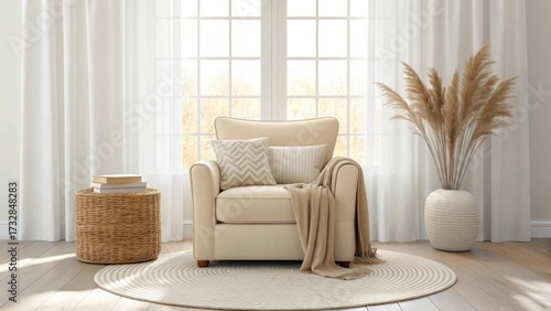 Cozy and inviting armchair with plush cushions and a soft throw blanket in a sunlit room