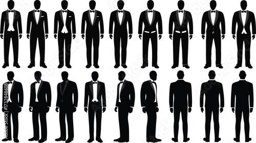 Silhouettes of men dressed in tuxedos and suits, standing together against a light background.