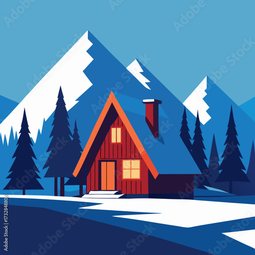 A warm and cozy cabin in a snowy winter scene vector illustration