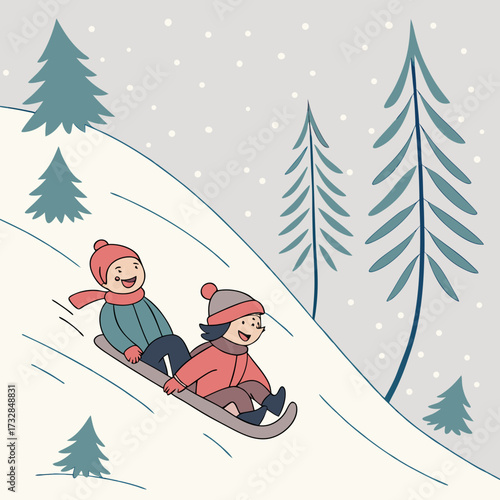 A scene of sledding on a hill vector illustration