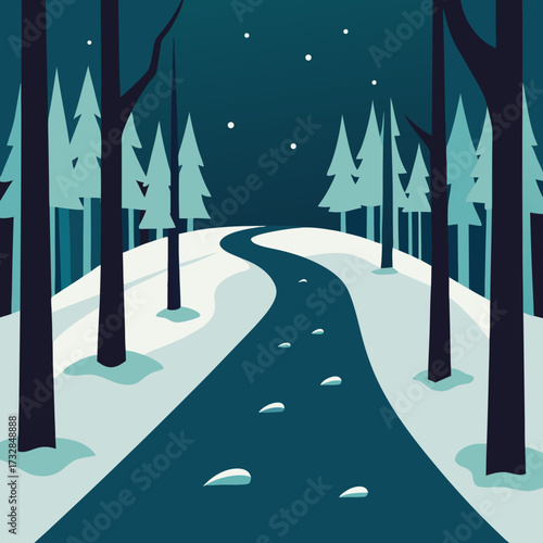 A serene winter forest path vector illustration