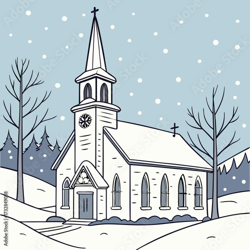 A peaceful church covered in a blanket of snow vector illustration