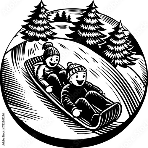 A fun day of sledding down a snow covered hillside vector illustration