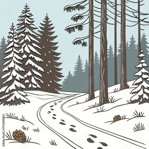A peaceful path through a snowy forest during wintertime vector illustration