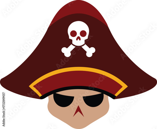 Vector illustration of a pirate hat icon, featuring a classic tricorn design with a skull and crossbones emblem.