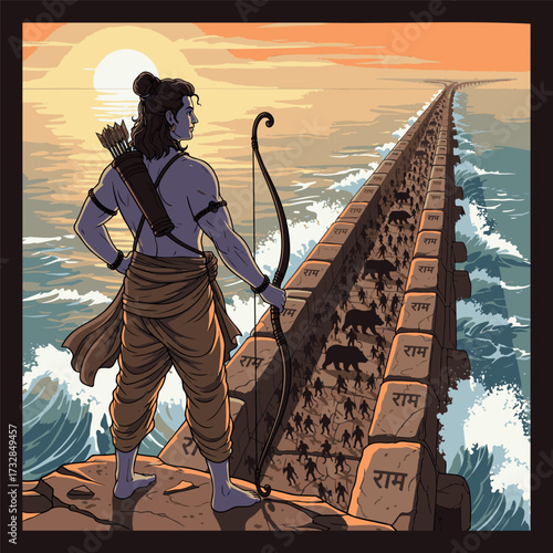 Lord Rama stands on the coast, overseeing the construction of the Ram Setu (Rama's Bridge) over the ocean by the Vanara Sena. Epic scene from the Ramayana mythology.