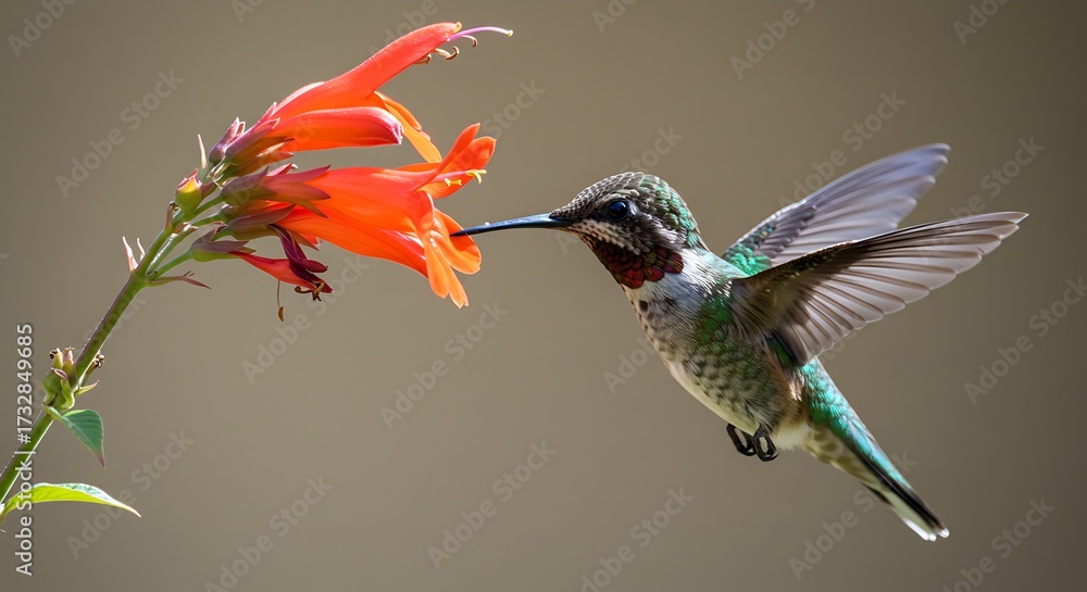 Fototapeta premium Hummingbird hovering near vibrant orange flower for pollination in sunlight