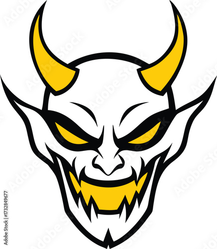 A devil head featuring prominent horns and glowing yellow eyes, conveying a menacing expression.