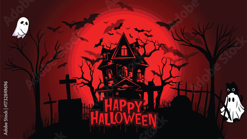 Halloween night sky with bats and glowing full moon