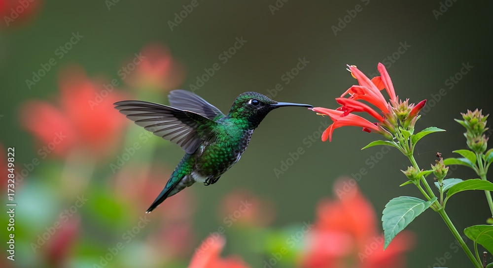 Naklejka premium Hummingbird hovering near vibrant red flowers in natural daylight