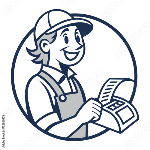 A smiling cash register mascot logo character holding a receipt vector illustration