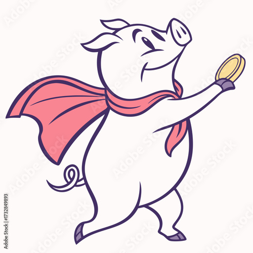 A heroic piggy bank character wearing a flying superhero cape vector illustration