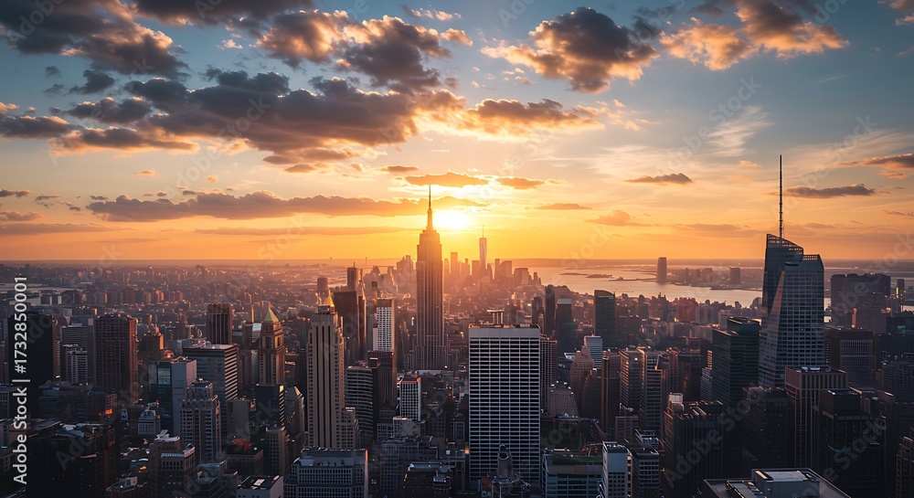 Fototapeta premium Cityscape at sunset skyscrapers silhouetted against colorful sky