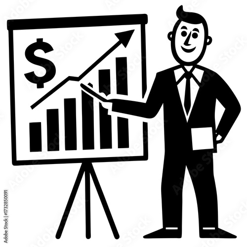 A businessman character pointing to a financial chart during a presentation vector illustration