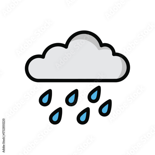 A simple cartoon depiction of a gray cloud with falling blue raindrops isolated on white background