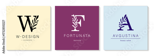 Logo W, F, capital letter A. Monogram of Botanical Minimalistic, Initial. with Organic Plant Elements. Vector design.
