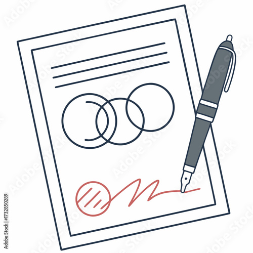A minimalist icon of a loan agreement with a signature and pen vector illustration