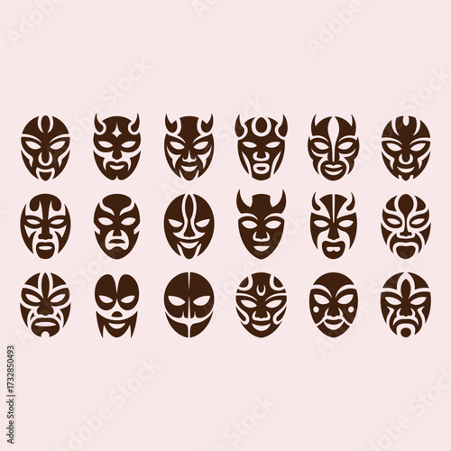 Collection of twenty dark brown tribal masks with varied facial expressions on a light pink background