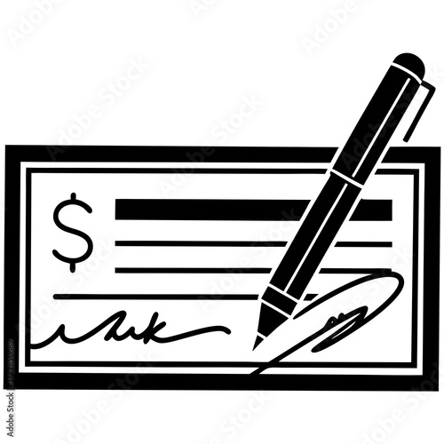 A simple icon of a signed bank check with an accompanying pen vector illustration